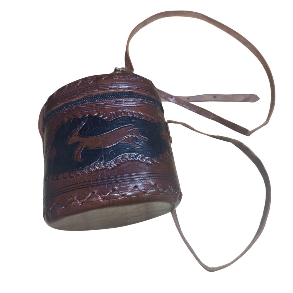 Hand Tooled Leather Cylinder Crossbody Bag Brown Gazelle Animal Folk Art Bag VTG